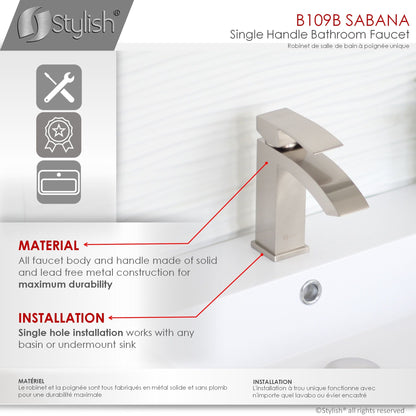 Stylish Sabana 7" Single Handle Bathroom Faucet for Single Hole Brass Basin Mixer Tap, Brushed Nickel Finish B-109B