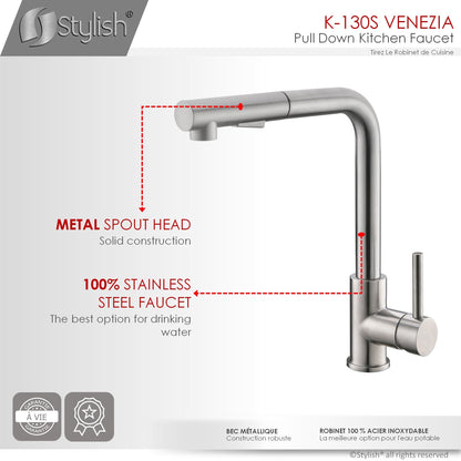 Stylish Venezia 12" Kitchen Faucet Single Handle Pull Down Dual Mode Stainless Steel, Brushed Finish K-130S