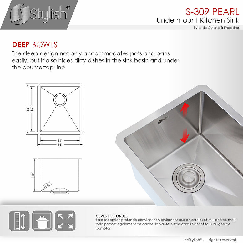 Stylish Pearl 16" x 18" Single Bowl Undermount Stainless Steel Kitchen Bar Sink S-309XG