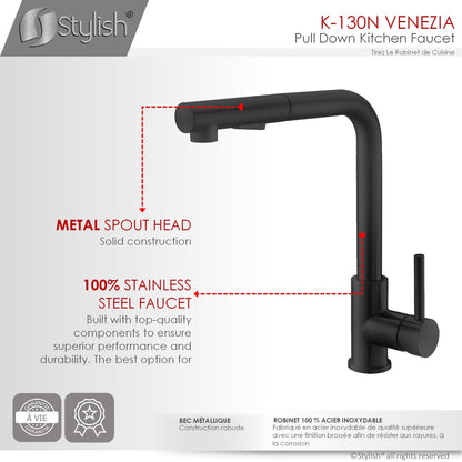 Stylish Venezia 12" Kitchen Faucet Single Handle Pull Down Dual Mode Stainless Steel, Matte Black Finish K-130N