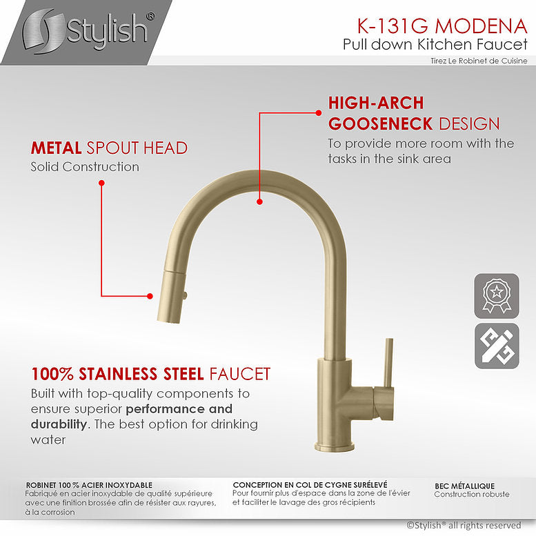 Stylish Modena 14" Kitchen Faucet Single Handle Pull Down Dual Mode Stainless Steel Gold Finish K-131G