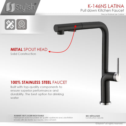 Stylish Latina 13" Kitchen Faucet Single Handle Pull Down Dual Mode Stainless Steel Matte Black with Silver Base and Handle Finish K-146NS