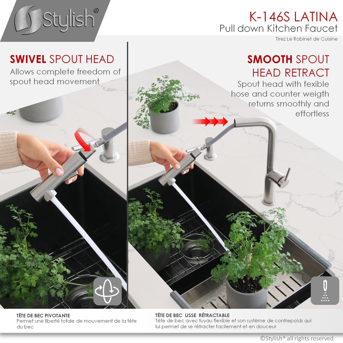 Stylish Latina 13" Kitchen Faucet Single Handle Pull Down Dual Mode Stainless Steel Brushed Finish K-146S