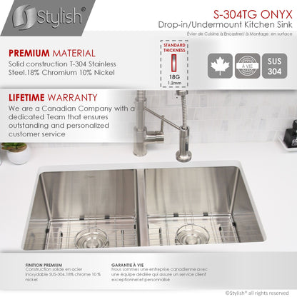 Stylish ONYX 30" x 18" Undermount or Drop-in Double Bowl Kitchen Sink, 18 Gauge Stainless Steel with Grids and Basket Strainers, S-304TG