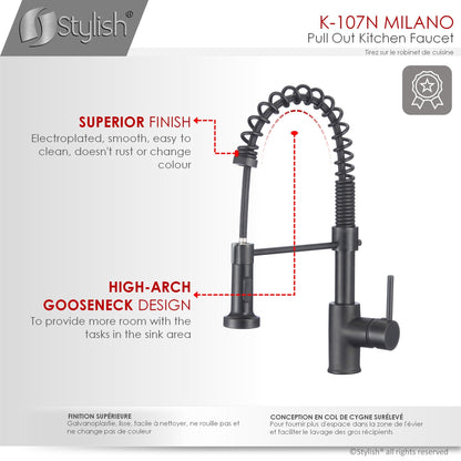 Stylish Milano 17.5" Kitchen Faucet Single Handle Pull Down Dual Mode Lead Free Matte Black Finish K-107N
