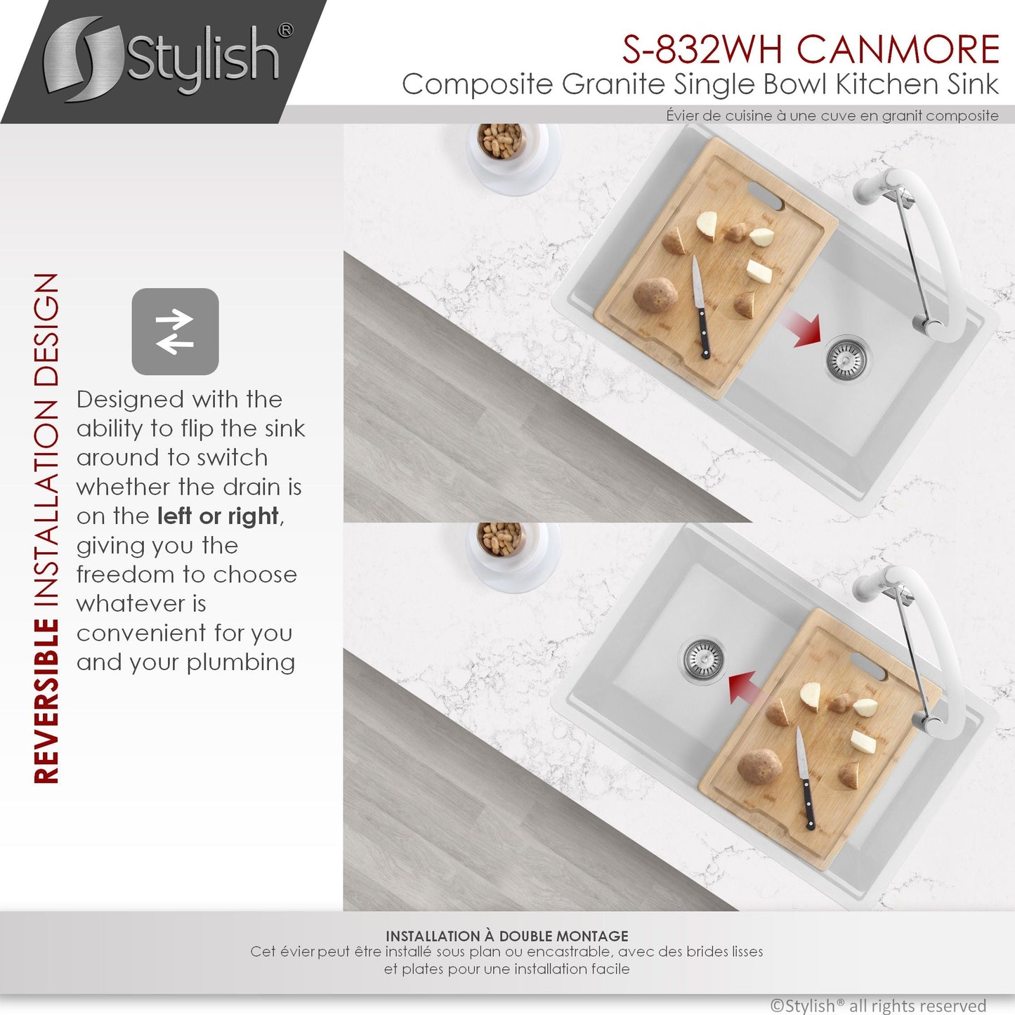 Stylish Canmore 32" x 18" Dual Mount Workstation Single Bowl White Composite Granite Kitchen Sink with Built in Accessories