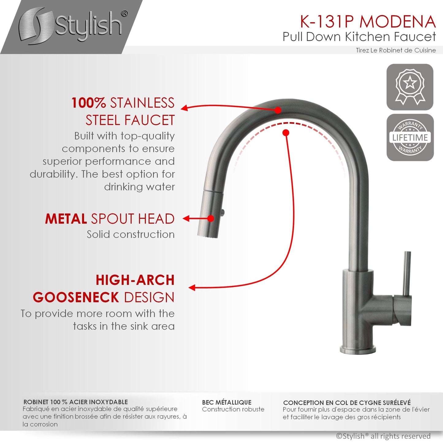 Stylish Modena 14" Kitchen Faucet Single Handle Pull Down Dual Mode Stainless Steel GunMetal Finish K-131P