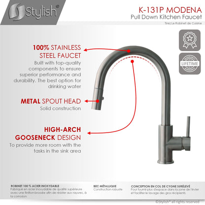 Stylish Modena 14" Kitchen Faucet Single Handle Pull Down Dual Mode Stainless Steel GunMetal Finish K-131P