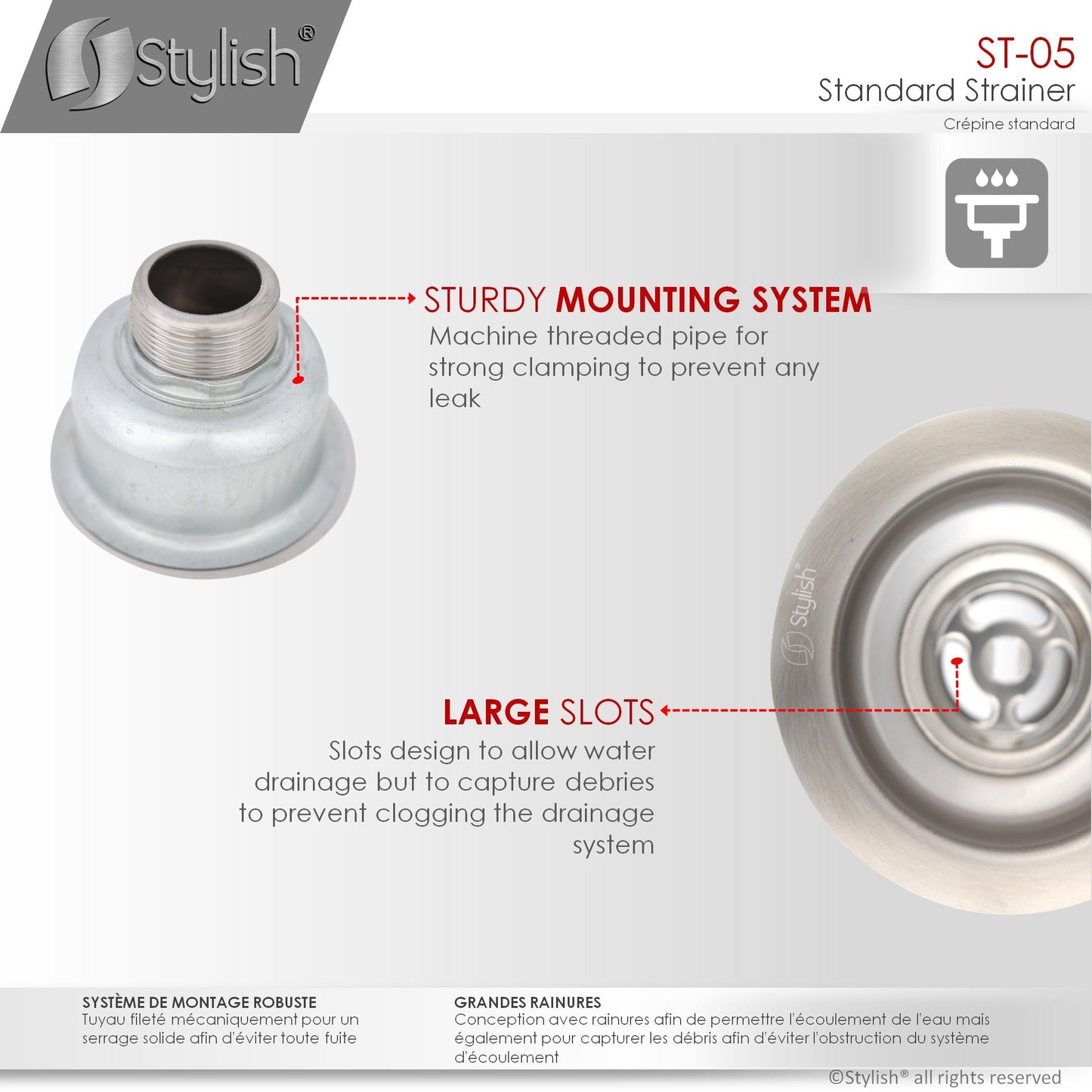 Stylish 3.5" Stainless Steel Strainer with Removable Basket, Strainer Assembly ST-05