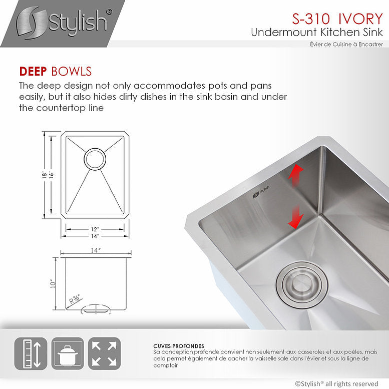 Stylish Ivory 14" x 18" Single Bowl Undermount Stainless Steel Kitchen Bar Sink S-310G