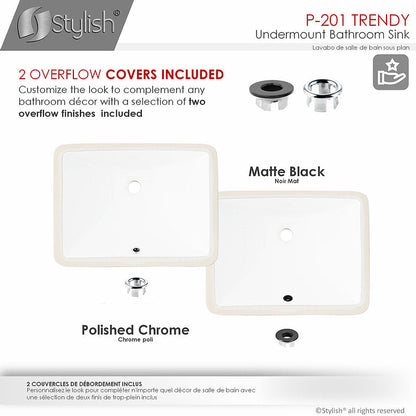 Stylish Trendy 18" Rectangular Undermount Bathroom Sink with Overflow Polished Chrome P-201X (Only Available With Purchase of 50+)