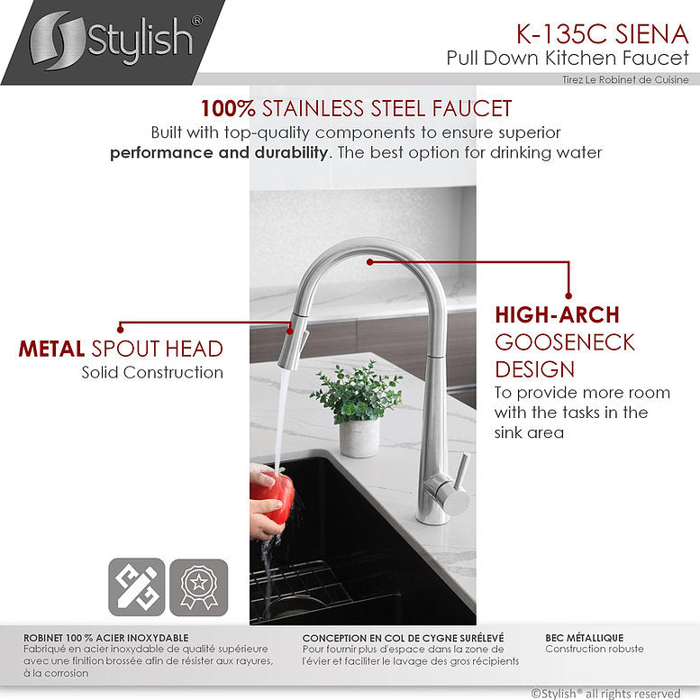 Stylish Siena Kitchen Faucet Single Handle Pull Down Dual Mode Stainless Steel Polished Chrome Finish K-135C
