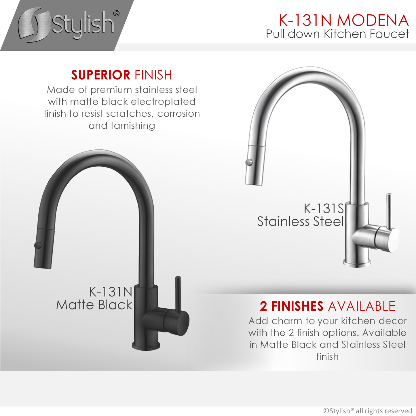 Stylish Modena 14" Kitchen Faucet Single Handle Pull Down Dual Mode Stainless Steel Matte Black Finish K-131N