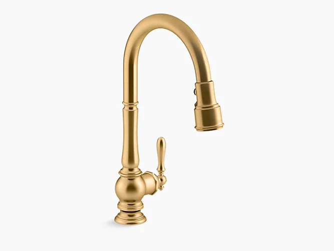 Kohler Artifacts 17" Traditional Single Hole Kitchen Faucet With 17-5/8" Pull Down Spout and Turned Lever Handle, Docknetik Magnetic Docking System, and 3 Function Sprayhead Featuring Sweep and Berrysoft Spray Vibrant Brushed Brass