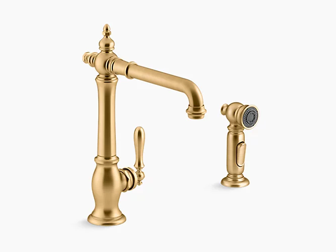 Kohler Artifacts 13" Traditional 2 Hole Kitchen Faucet With 13-1/2" Swing Spout and Matching Finish Two Function Sidespray With Sweep and Berrysoft Spray Victorian Spout Design Vibrant Brushed Brass
