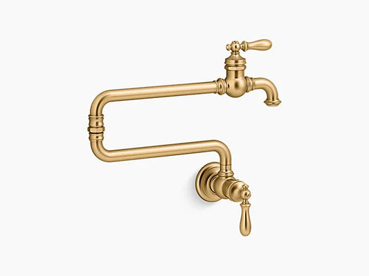 Kohler Artifacts Vintage Single Hole Wall Mount Pot Filler Kitchen Sink Faucet With 22" Extended Spout Vibrant Brushed Brass