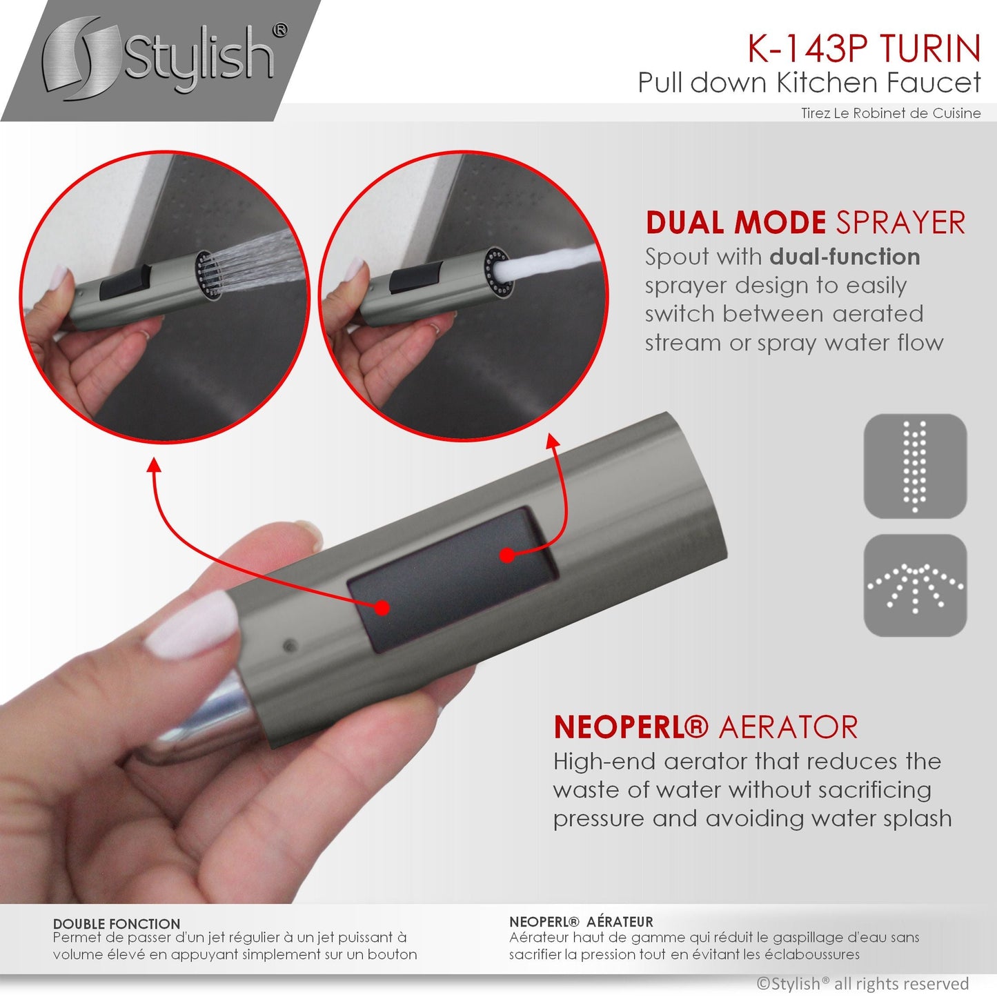 Stylish Turin 17" Kitchen Faucet Single Handle Pull Down Dual Mode Lead Free Gun Metal K-143P