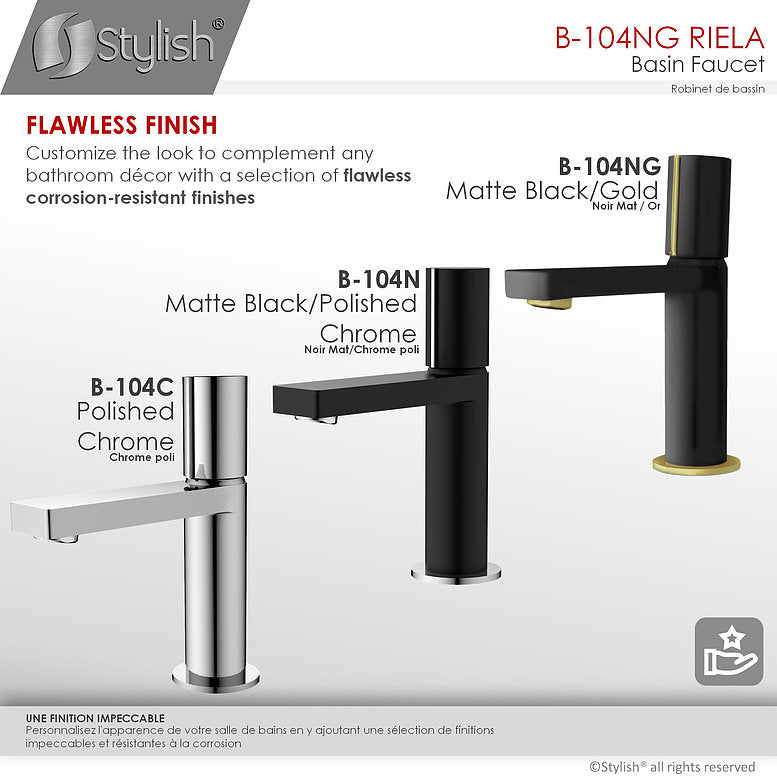Stylish Single Handle Modern Bathroom Basin Sink Faucet in Matte Black with Gold accents Finish B-104NG