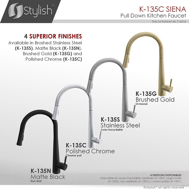 Stylish Siena Kitchen Faucet Single Handle Pull Down Dual Mode Stainless Steel Polished Chrome Finish K-135C