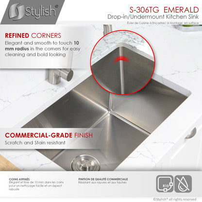 Stylish Emerald 28" x 18" Single Bowl Drop-in/Undermount Stainless Steel Kitchen Sink S-306TG