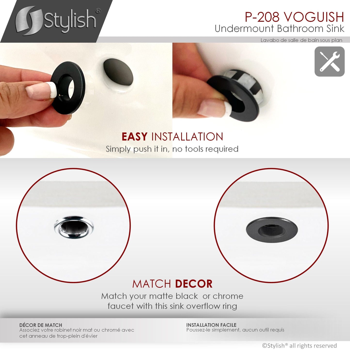 Stylish Voguish 24" x 16" Rectangular Undermount Ceramic Bathroom Sink with 2 Overflow Finishes P-208