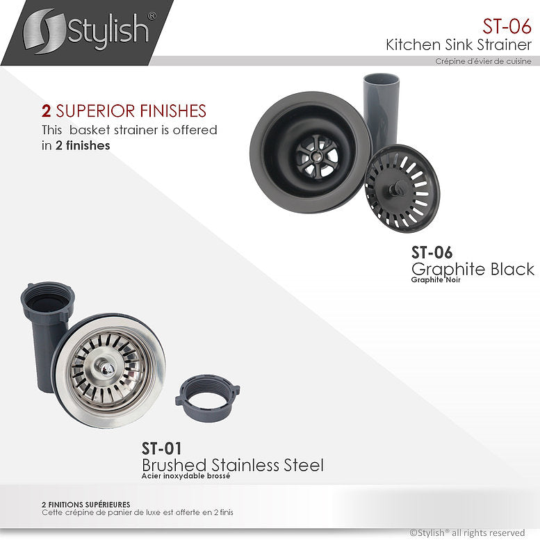 Stylish 3.5" Pearl Black Stainless Steel Kitchen Sink Strainer with Removable Basket, Strainer Assembly ST-06