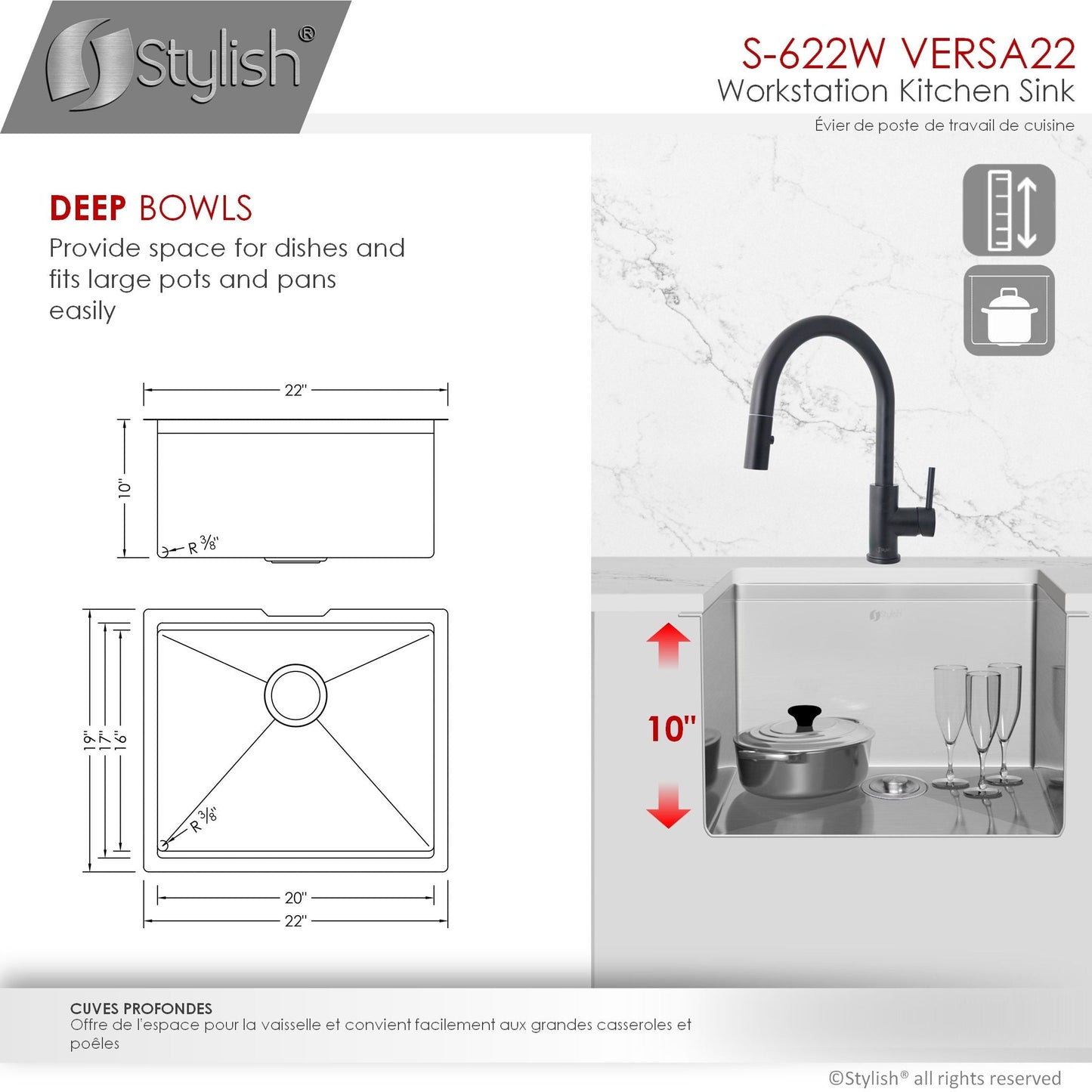 Stylish Versa22 22" x 19" Workstation Single Bowl Undermount 16 Gauge Stainless Steel Kitchen Sink with Built in Accessories S-622W