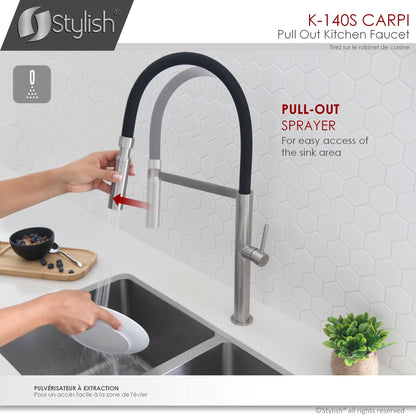 Stylish Carpi 20" Stainless Steel Single Handle Pull Out Dual Mode Kitchen Faucet with Black Spout Hose K-140S