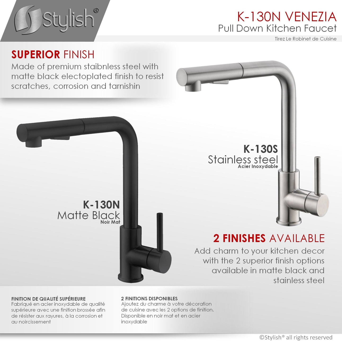 Stylish Venezia 12" Kitchen Faucet Single Handle Pull Down Dual Mode Stainless Steel, Matte Black Finish K-130N