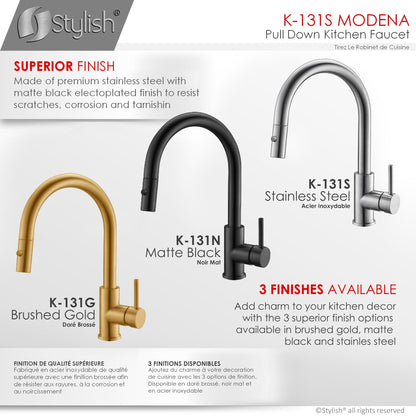 Stylish Modena 14" Kitchen Faucet Single Handle Pull Down Dual Mode Stainless Steel Brushed Finish K-131S