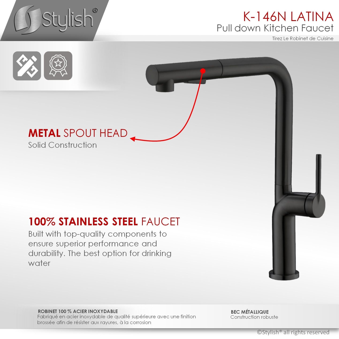 Stylish Latina 13" Kitchen Faucet Single Handle Pull Down Dual Mode Matte Black Finish K-146N