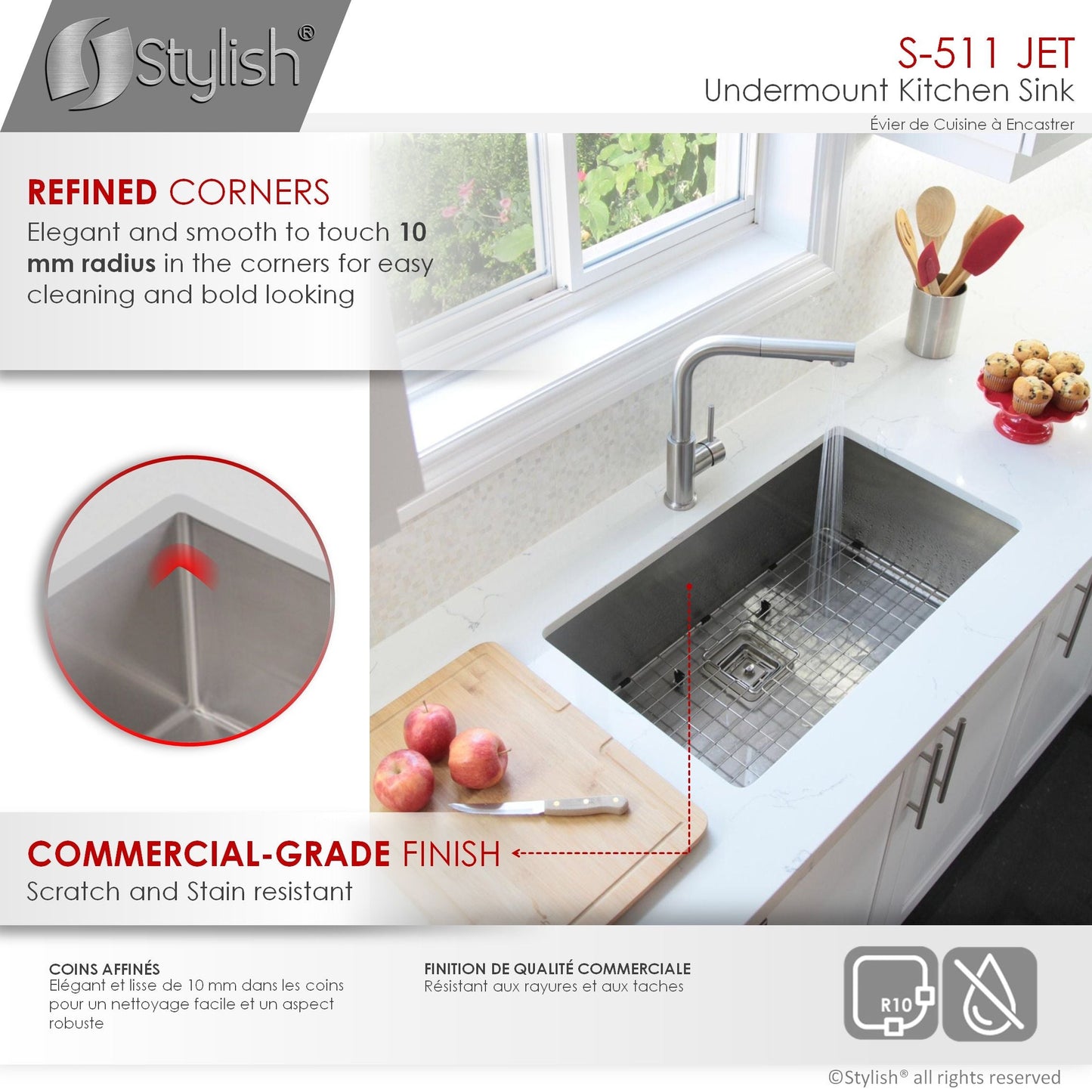 Stylish Jet 30" x 18" Single Bowl Stainless Steel Kitchen Sink with Square Strainer S-511XG