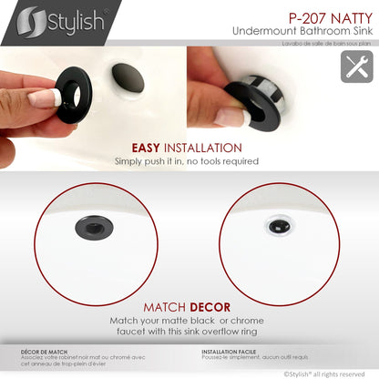 Stylish Natty 16" x 16" Round Undermount Ceramic Bathroom Sink with 2 Overflow Finishes P-207