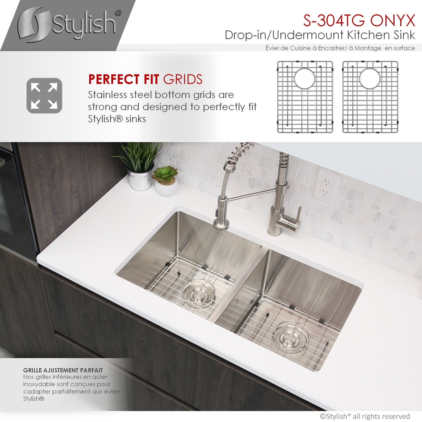 Stylish ONYX 30" x 18" Undermount or Drop-in Double Bowl Kitchen Sink, 18 Gauge Stainless Steel with Grids and Basket Strainers, S-304TG