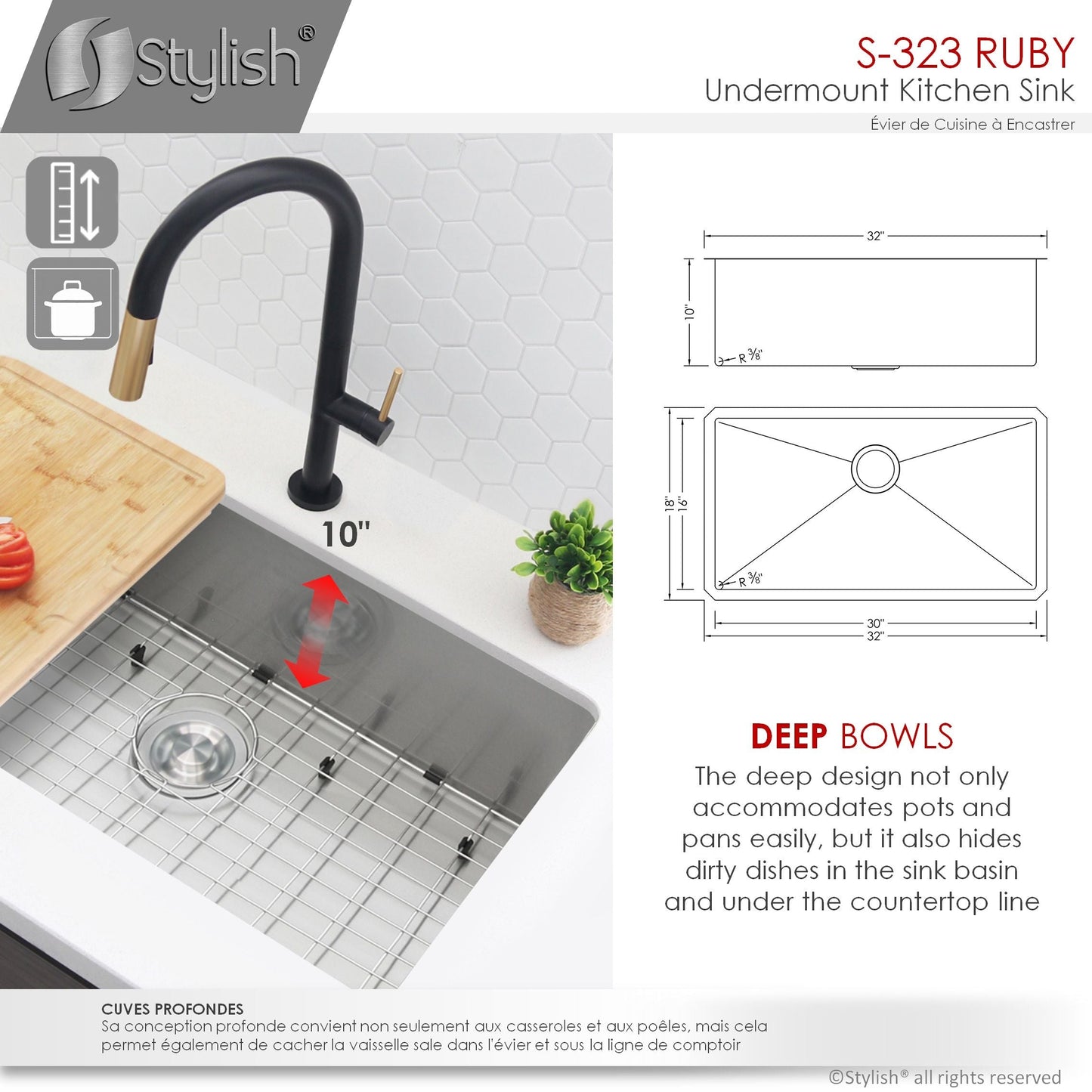 Stylish Ruby 32" x 18" Single Bowl Kitchen Sink, 16 Gauge Stainless Steel with Grid and Basket Strainer, S-323XG