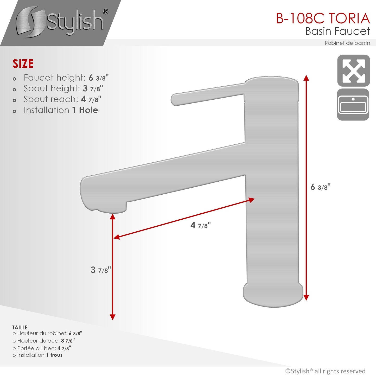 Stylish Toria 6" Single Handle Basin Bathroom Faucet in Stainless Steel Finish B-108S