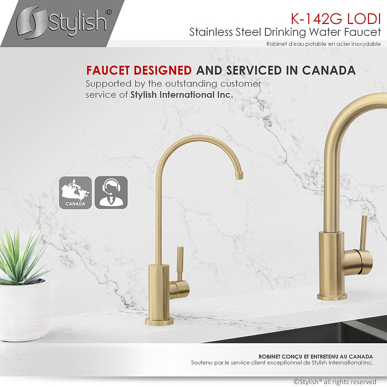 Stylish Lodi 11.25" Kitchen Drinking Water Tap Faucet, Stainless Steel Brushed Gold Finish K-142G