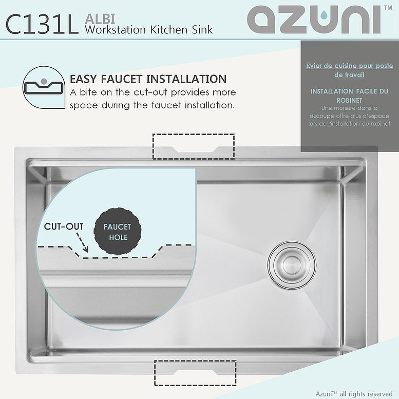 Stylish Azuni Albi 30" x 19" Reversible Undermount Workstation Single Bowl Kitchen Sink C131L