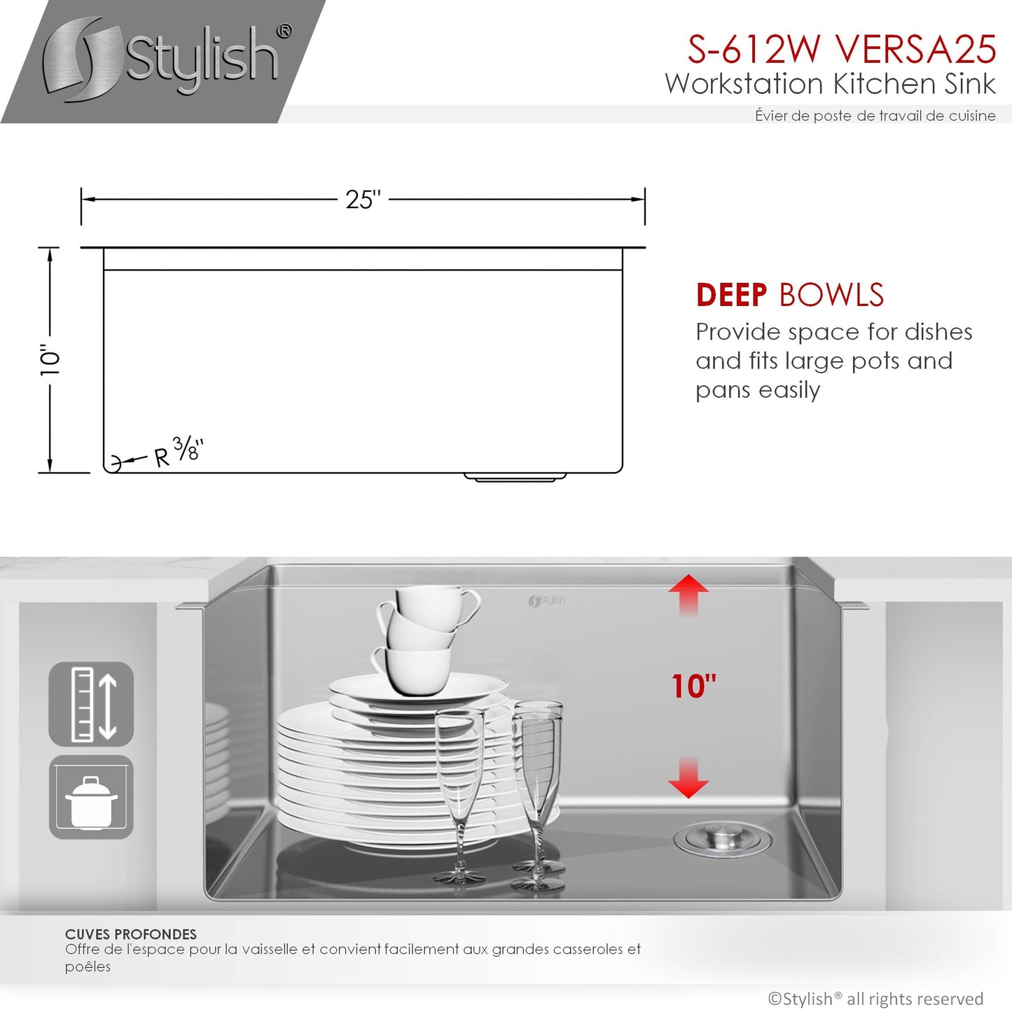 Stylish Versa25 25" x 19" Workstation Single Bowl Undermount 16 Gauge Stainless Steel Kitchen Sink with Built in Accessories S-612W