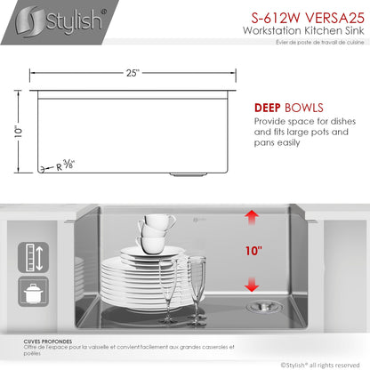 Stylish Versa25 25" x 19" Workstation Single Bowl Undermount 16 Gauge Stainless Steel Kitchen Sink with Built in Accessories S-612W