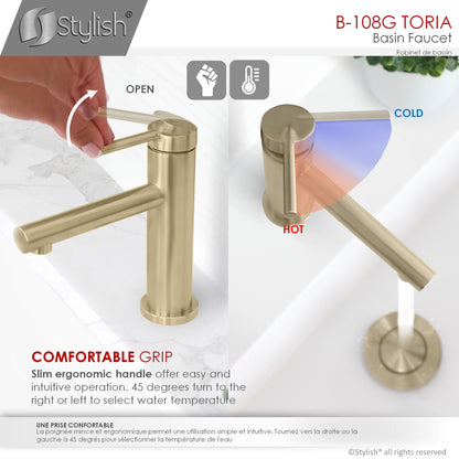 STYLISH Toria 6" Single Handle Basin Bathroom Faucet in Brushed Gold Finish B-108G