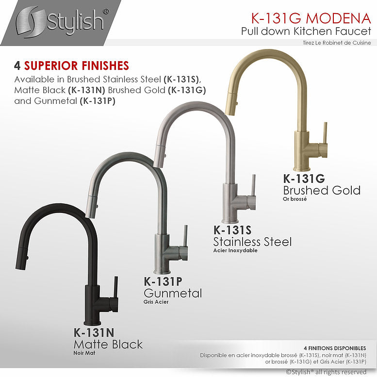 Stylish Modena 14" Kitchen Faucet Single Handle Pull Down Dual Mode Stainless Steel Gold Finish K-131G