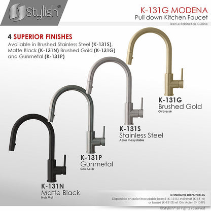 Stylish Modena 14" Kitchen Faucet Single Handle Pull Down Dual Mode Stainless Steel Gold Finish K-131G