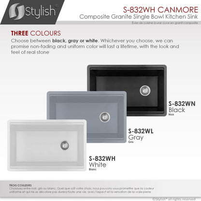 Stylish Canmore 32" x 18" Dual Mount Workstation Single Bowl White Composite Granite Kitchen Sink with Built in Accessories