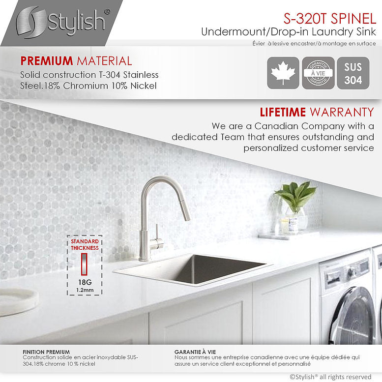 Stylish Spinel 22" x 18" Stainless Steel Single Bowl Undermount Laundry Sink S-320T