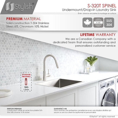 Stylish Spinel 22" x 18" Stainless Steel Single Bowl Undermount Laundry Sink S-320T
