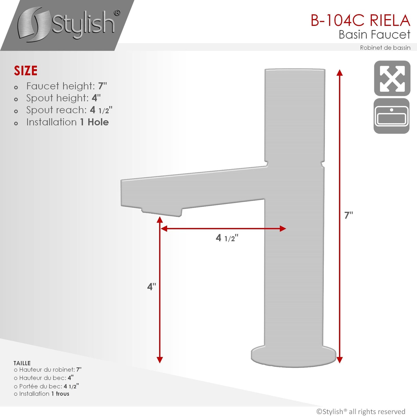 Stylish Riela 7" Single Handle Modern Bathroom Basin Faucet in Polished Chrome Finish B-104C