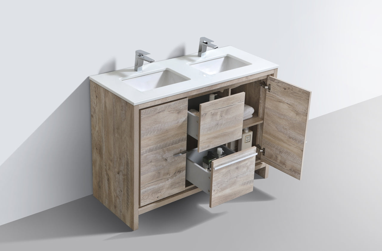 Kube Bath Dolce 48" Double Sink Floor Mount Bathroom Vanity With White Quartz Countertop With 2 Doors And 2 Drawers