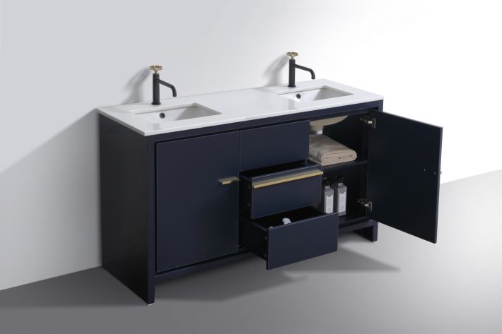 Kube Bath Dolce 60" Double Sink Floor Mount Bathroom Vanity With White Quartz Countertop With 2 Doors And 3 Drawers