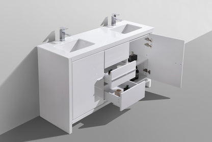 Kube Bath Dolce 60" Double Sink Floor Mount Bathroom Vanity With White Quartz Countertop With 2 Doors And 3 Drawers